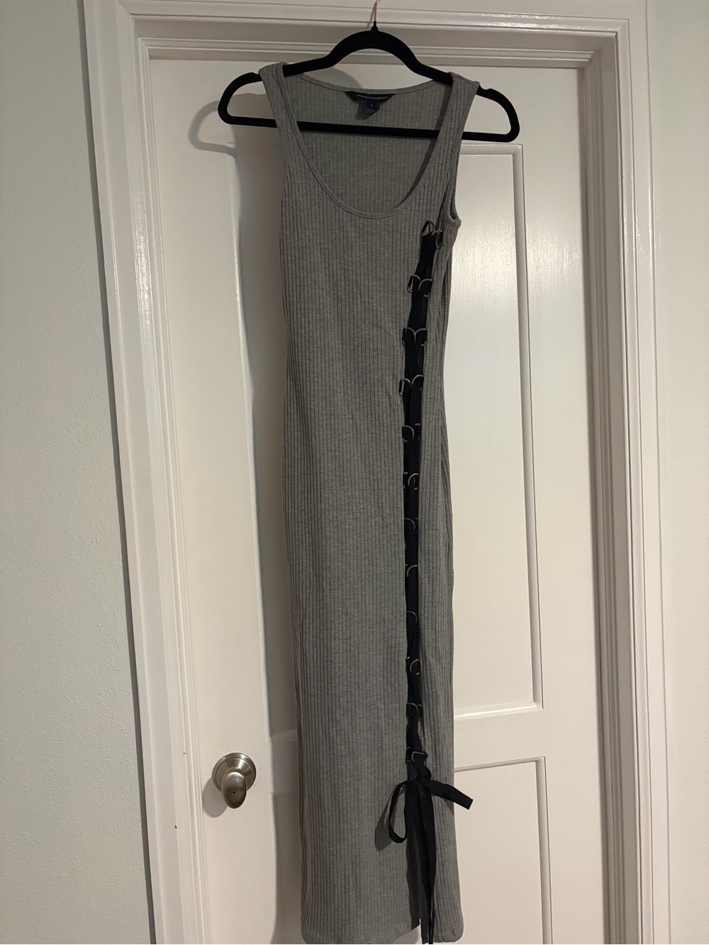 French Connection Grey Ribbed Maxi Dress with Black Lace-Up Side